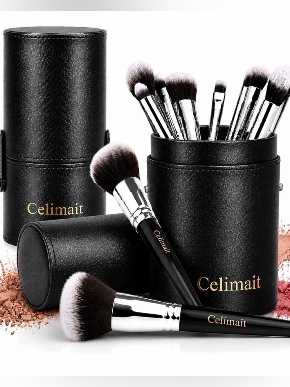 H27 Black Makeup Brush Set with Case Synthetic Bristles 12pc Wood Handle NEW